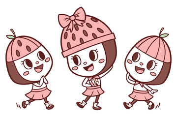 Three cute strawberry girls cartoon characters
