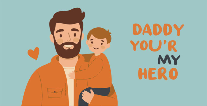 Celebrating Fatherhood A heartwarming illustration of a dad and his son, embodying the powerful bond of love and admiration. Daddy, you're my hero!