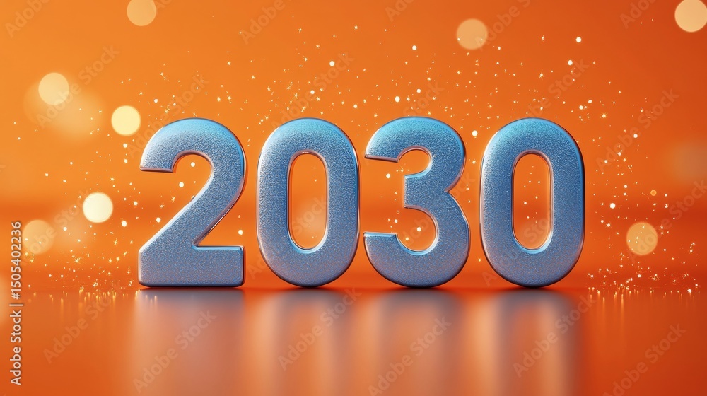 Poster shiny silver 2030 new year numbers on orange background with festive sparkling bokeh effect