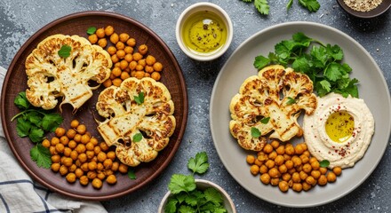 Roasted cauliflower steaks with chickpeas and hummus, garnished with herbs and olive oil