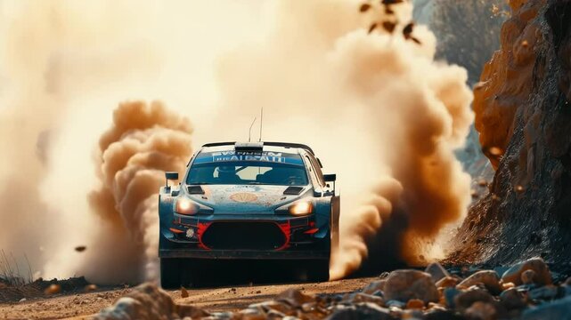 Car rally. The car, taking part in the international rally championship, crosses off-road terrain at high speed, trying to win the race
