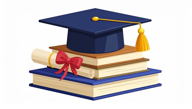Graduation cap with diploma on books, symbolising academic achievement. Gold tassel, ribbon.