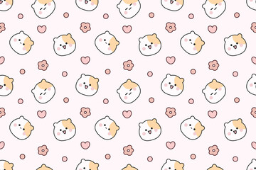 Kawaii seamless pattern with cute hamsters, hearts, and flowers on pastel pink background