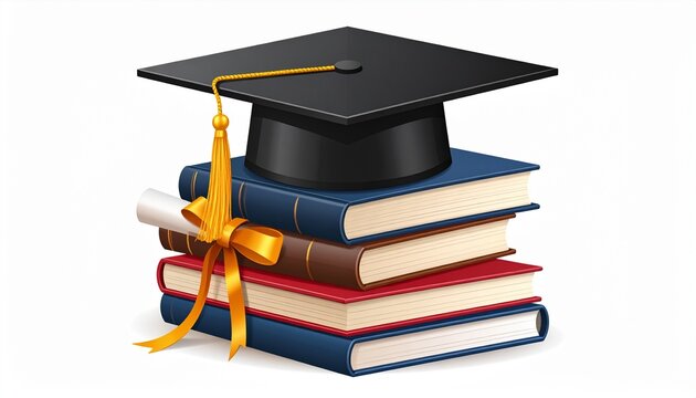 Graduation cap with diploma on books, symbolising academic achievement. Gold tassel, ribbon.