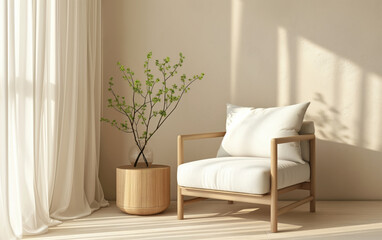 Minimalist serene living room with armchair and green plant. Interior design concept.
