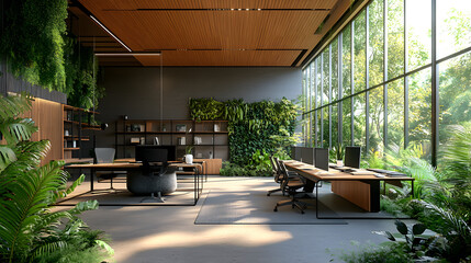 Fototapeta premium Green, sustainable and environmental office space with daily employee rush