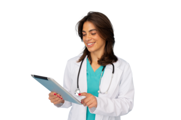 Female doctor wearing lab coat and stethoscope, using digital tablet with transparent background