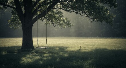 Serene morning mist veils a field where a simple swing hangs from an ancient tree