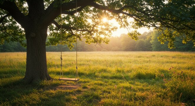 Serene sunset illuminating a rope swing hanging from a large tree in a verdant field