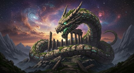 Stone dragon coiled on mountain, ancient runes etched, cosmic backdrop