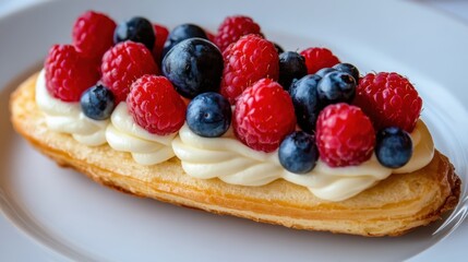 Close-up of yummy eclair on the white plate with various berries aand white cream