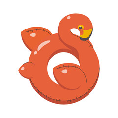 Flamingo swimming ring vector flat cartoon illustration isolated on white background. Rubber pink bird icon. Summer swimming pool  accessories for a swim. Inflatable rubber toy or tube for water.