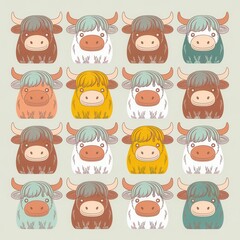 Playful arrangement of stylized yak icons in varied pastel hues repeat pattern
