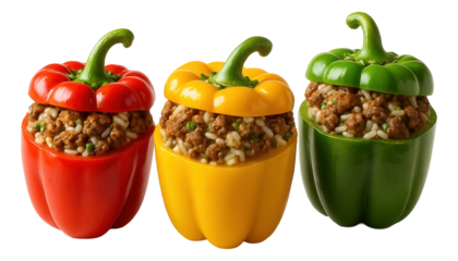 Red, yellow, and green bell peppers stuffed with a savory mixture of ground meat and rice.