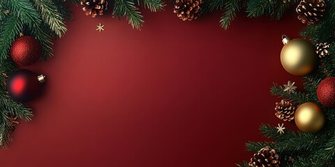 Christmas Background, Red Background With Ornaments, Pine Branch, Stars And Pine Cones Border