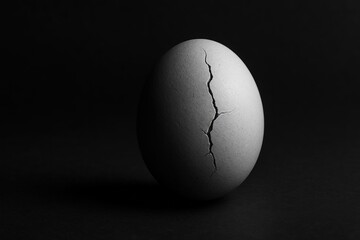 Cracked egg against black background symbolizing fragility and vulnerability