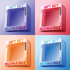 Colorful flat illustration of four empty gift set boxes in different color themes, labeled with bold &ldquo;SALE&rdquo; and &ldquo;GIFT SET&rdquo; text. Perfect for promotional design, packaging mockups, or sale-related grap