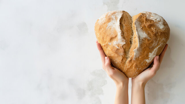 Fresh heart-shaped bread in hands. Love for baking and homemade food concept  
 - Powered by Adobe