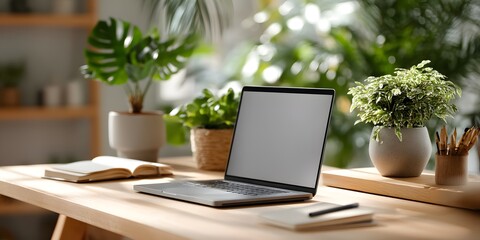 Fototapeta premium A minimalist business workspace with an open laptop, notebook, and pen on a clean wooden desk. Bright natural lighting and neutral tones make it ideal for commercial and creative use