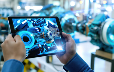 Engineer interacting with turbine display in smart factory. Futuristic industrial tech concept  