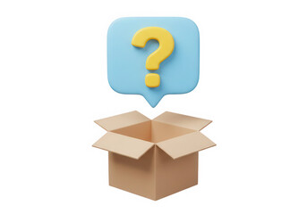 3d render of open cardboard box with question mark speech bubble isolated on transparent background