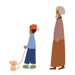 Aged male character with young kid and dog.