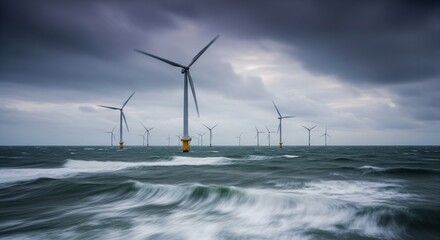 offshore wind farm, with towering wind turbines standing tall against a dramatic, stormy sky. The churning sea below is captured with a long exposure