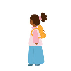 Young girl walking to the school with backpack.