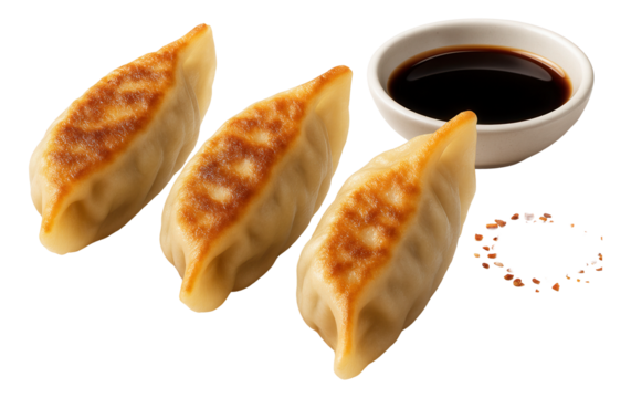 Three golden-brown pan-fried dumplings with a bowl of soy sauce and a sprinkle of spices on the side.
