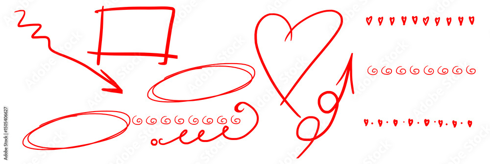Aufkleber red hand drawn elements on black backdrop a collection of arrows hearts circles and squares for desi
