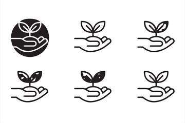 Six Icons Featuring Hands with Plants for Green Projects and Environmental Themes