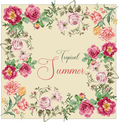 Tropical Summer with Exotic Flowers framed illustration Watercolor Pattern