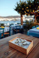 Gourmet oysters and glass of white wine served on rustic wooden table by the sea
