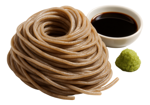 Coiled soba noodles served with a bowl of soy sauce and a small mound of wasabi on the side.