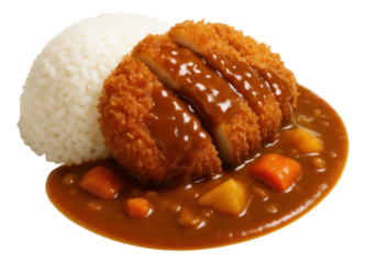 Crispy breaded pork cutlet served with Japanese curry sauce, chunks of carrot and potato, and steamed white rice.