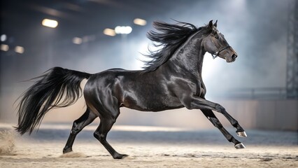 A magnificent black horse races in an indoor arena, showcasing its strength and speed.