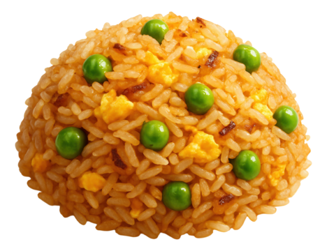 Mound of fried rice with peas and scrambled egg pieces mixed in for a colorful presentation.