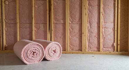 Insulation rolls placed on floor against bare wooden wall  