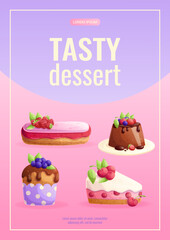 A bright design template for a delicious dessert flyer. Various types of sweet pastries. The concept of confectionery, cooking, sweets. A4 vector illustration for posters, banners and advertisements