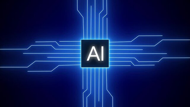 Motion graphic of digital AI logo with futuristic technology. Chat with AI or artificial intelligence technology circuit board, microchip, Futuristic Screen on 4k AI Circuit Integration and Data