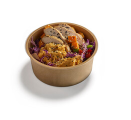 Healthy chicken and sweet potato bowl in biodegradable container
