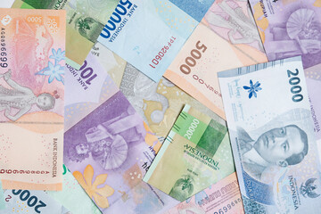 Collection of Indonesian rupiah banknotes for background