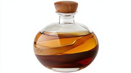 Round glass bottle filled with amber liquid and a wooden stopper on a white background studio shot