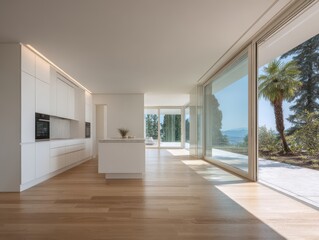 Modern kitchen with expansive views of a tranquil garden.