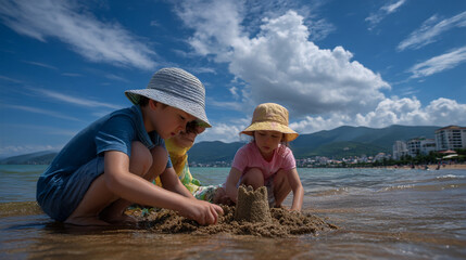 Children playing in the sand at the beach