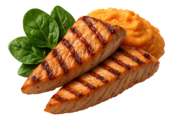 Grilled chicken breast with grill marks, accompanied by a scoop of sweet potato puree and fresh spinach leaves.