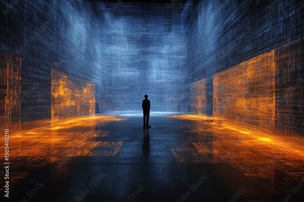 Leinwandbilder silhouette of person standing in abstract data room, representing digital transformation and technol