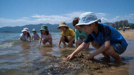 Children playing in the sand at the beach