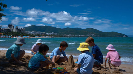 Children playing in the sand at the beach