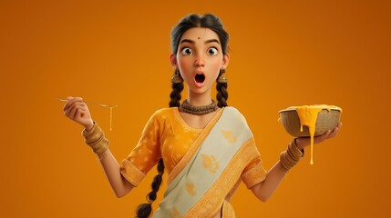 Happy 3D Indian woman in saree holding festive aam ras plate with joyful expression